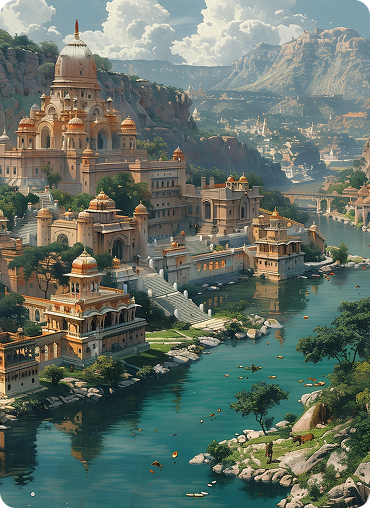 Riverside temple city illustration