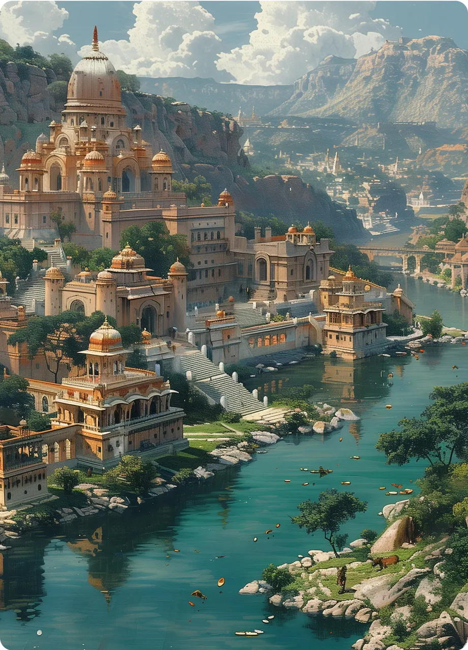 Ancient city with temples and architecture by the water