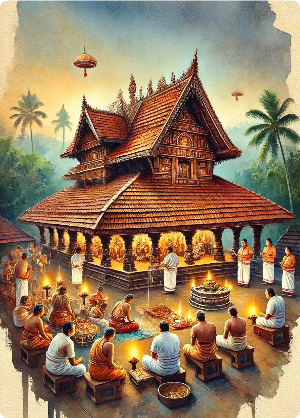 Traditional scene with people gathered around in a temple setting