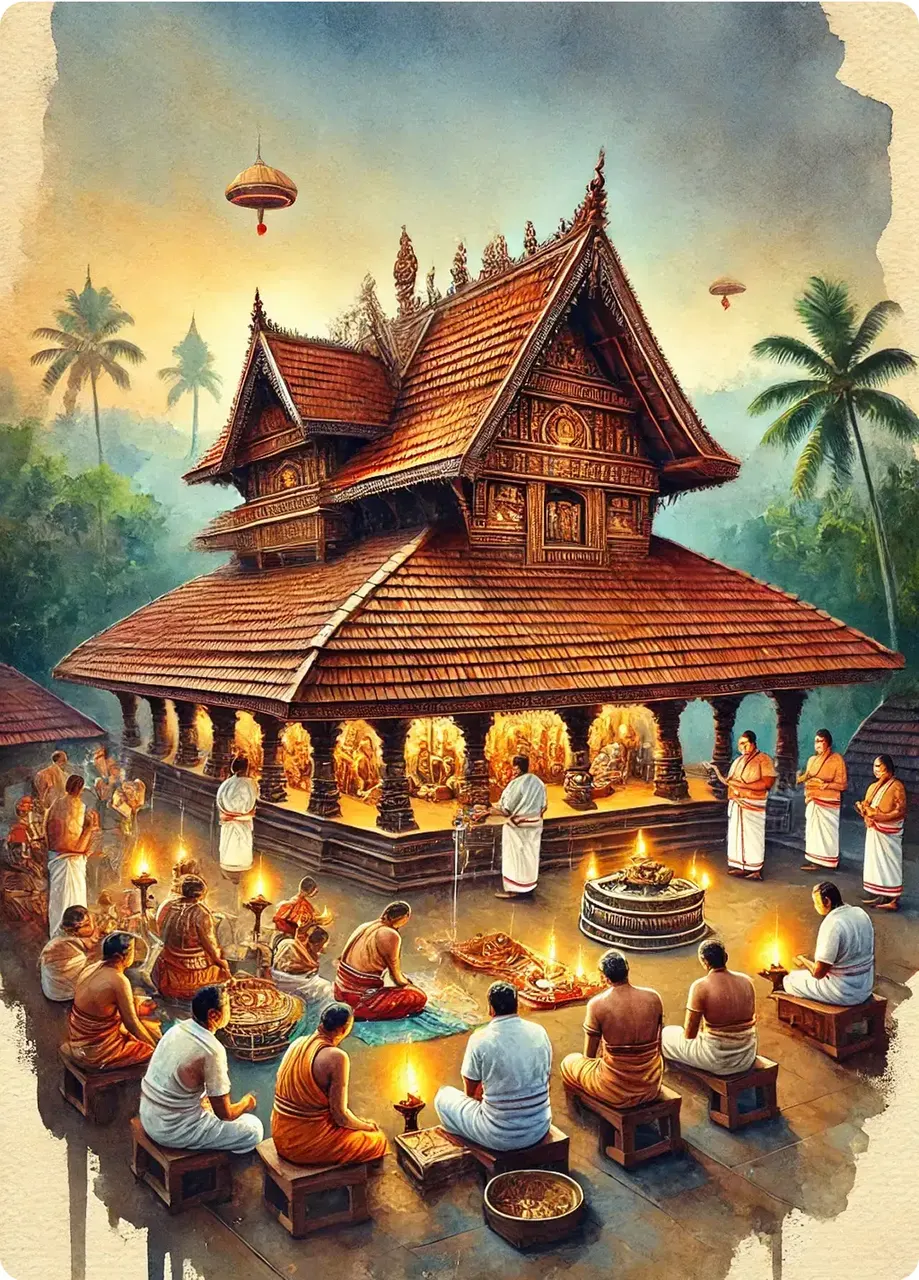Traditional scene with people gathered around in a temple setting